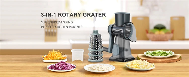 3 in 1 Manual Rotary Cheese Grater and Vegetable Slicer for Nut Grinding and Cheese Shredding