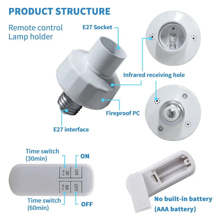 Smart Timer Switch Wireless Remote Control E27 Lamp Holder 15m Range 110V 220V