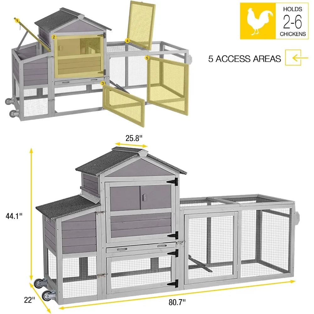 Chicken Coop for 2-4 Chickens Expandable Mobile Chicken House for Outdoor with Wheels Pull-Out Tray No Leakage Nesting Box Chick