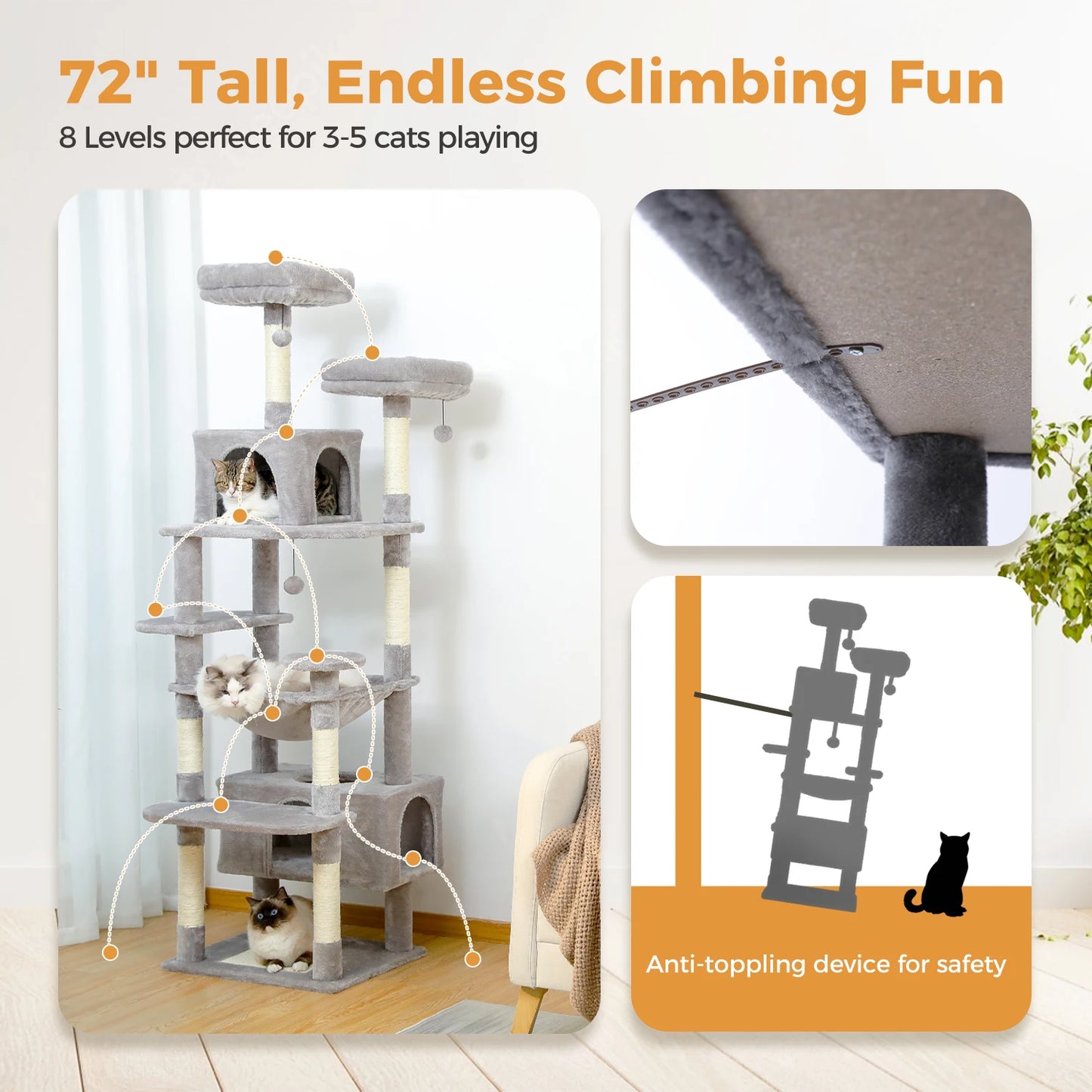 184cm Large Cat Tree and Tower for Indoor Cats With Scratching Posts and Spacious Hammocks