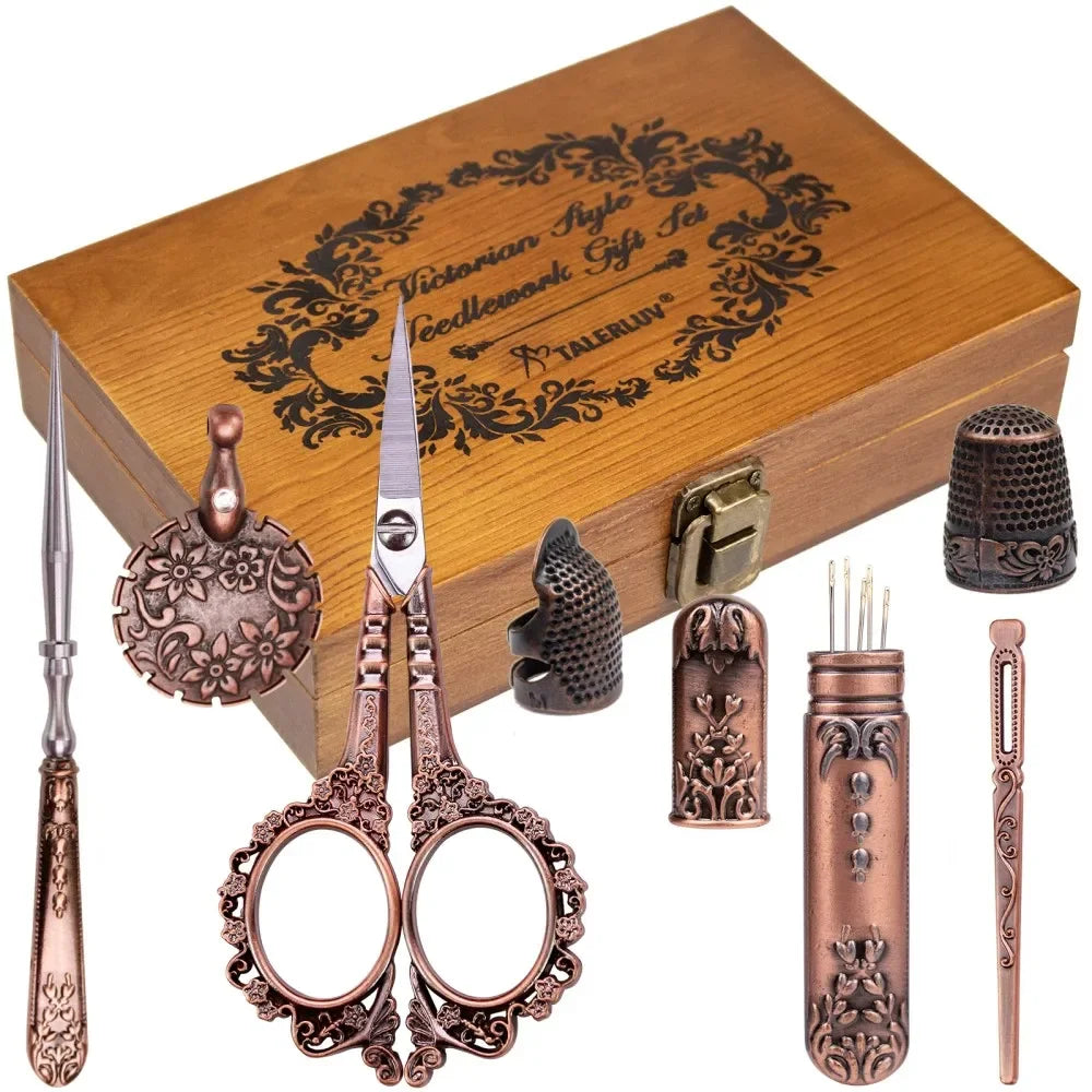 Vintage Sewing Kit Complete European Style Antique Embroidery Scissors Set with Needles and Craft Supplies for DIY Projects