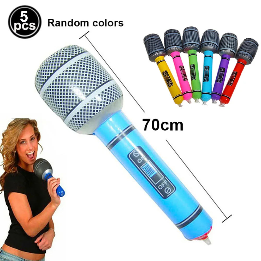 5 Piece PVC Musical Instrument Inflatable Balloon Set with Guitar and Microphone for Kids Birthday and Retro Party Decorations