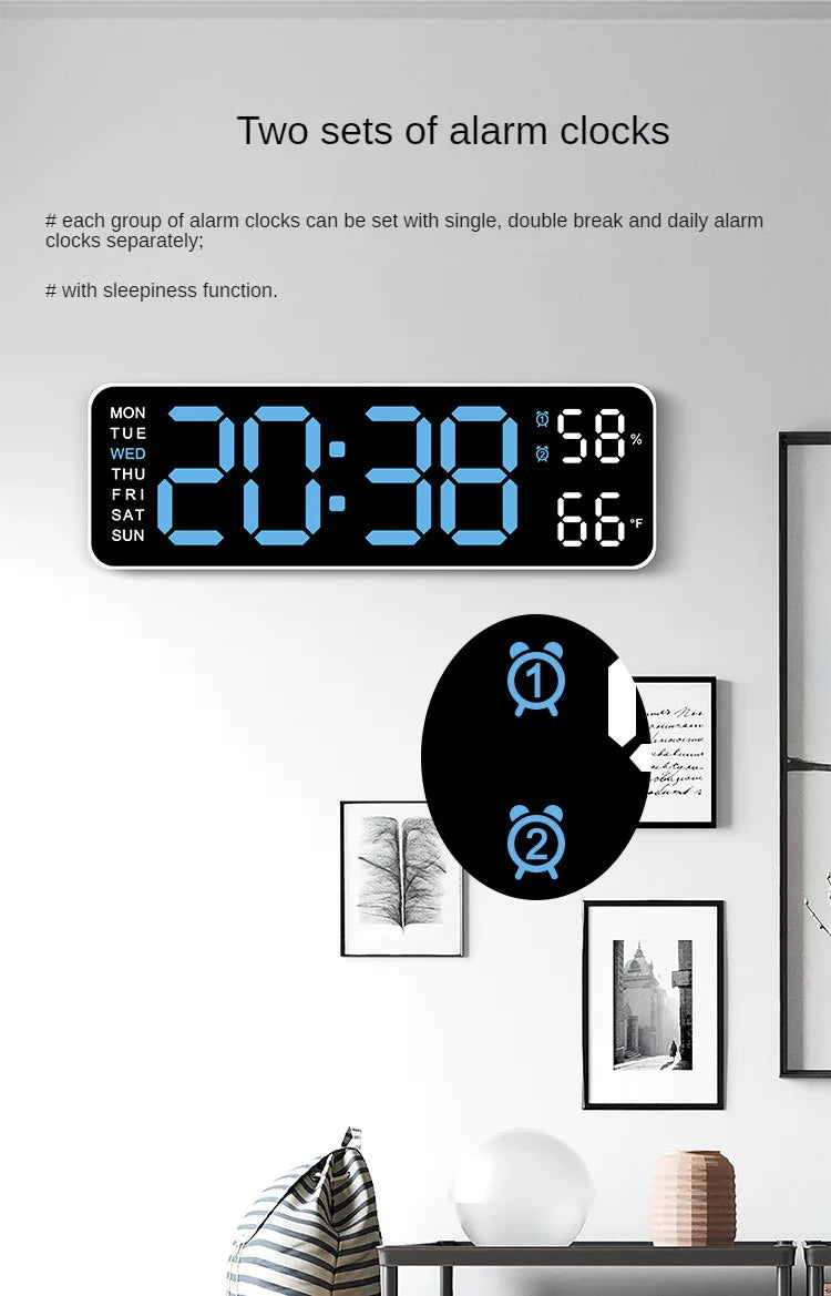 Large Digital Wall Clock with Temperature and Humidity Display Adjustable Brightness LED Alarm Clock 12/24 Hour Format