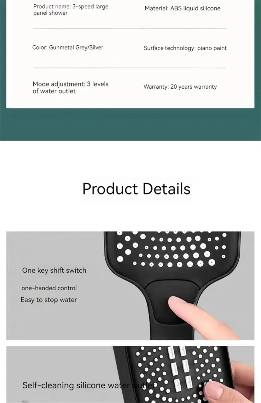 Adjustable Shower Head 3 Mode Rainfall High Pressure Water Saving Shower Mixer