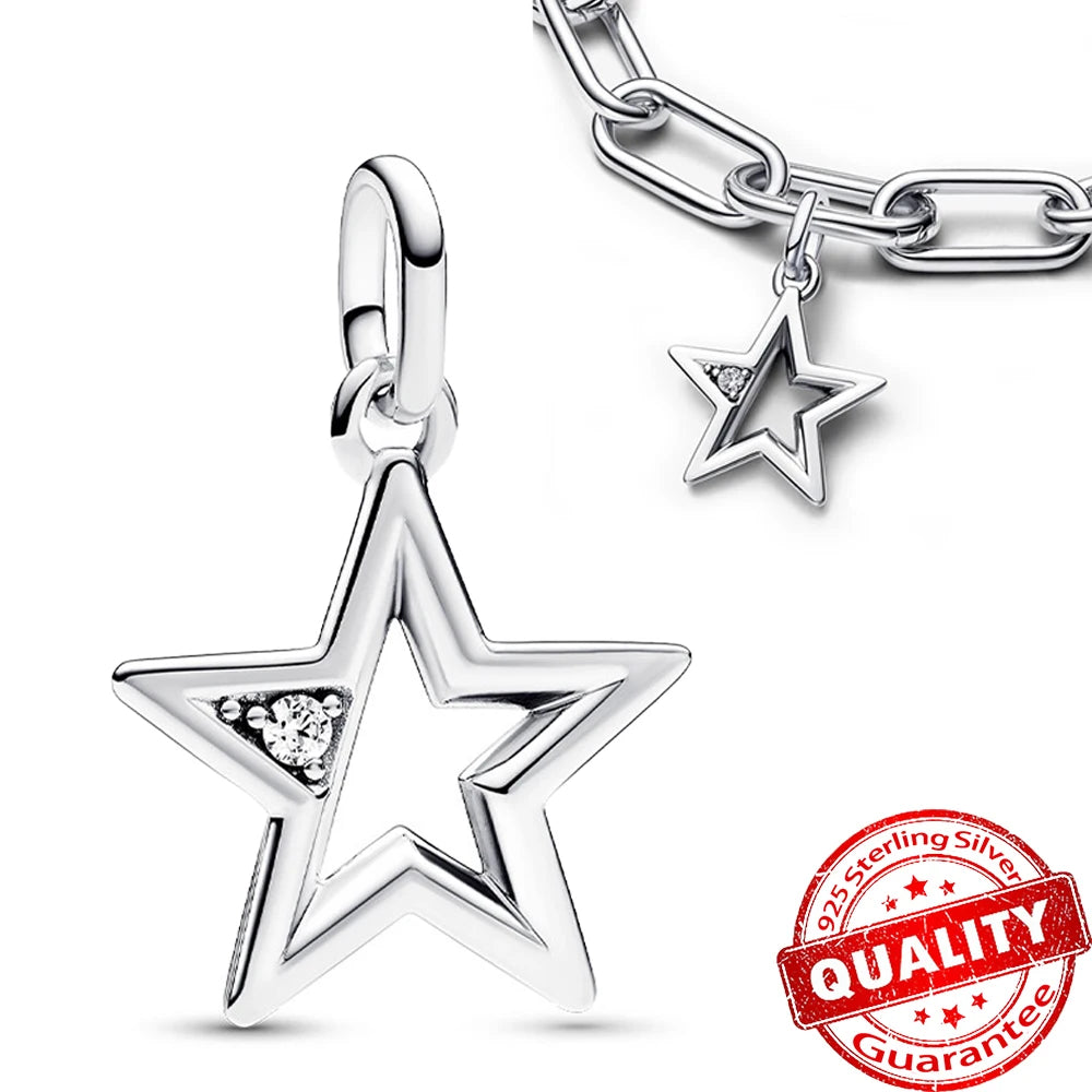Authentic 925 Sterling Silver Charm Sparkling Star Moon Sun Pendant Jewelry Gift