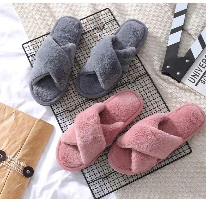 Winter Cross Imitation Rabbit Fur Slippers for Women