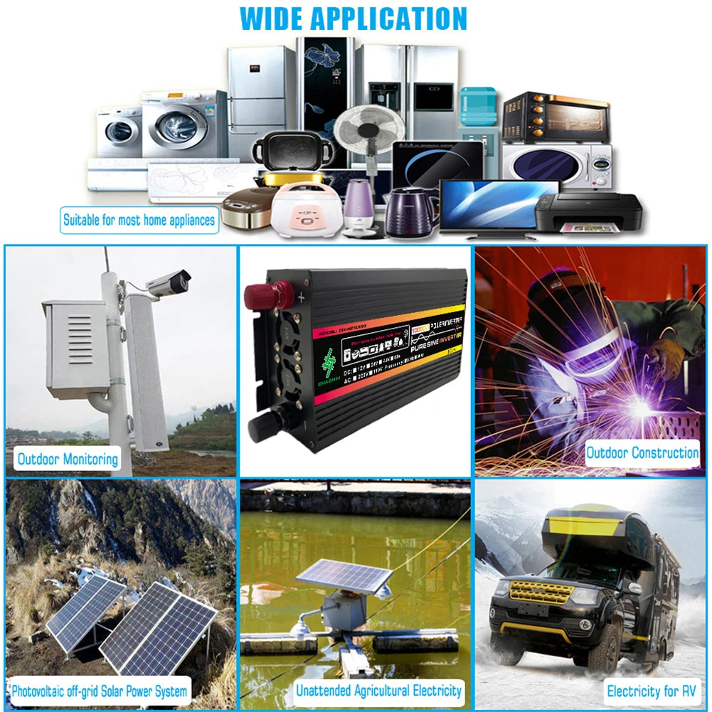 10000W/12000W Car Inverter LCD Display Pure Sine Wave Inverter DC 12V to AC 220V