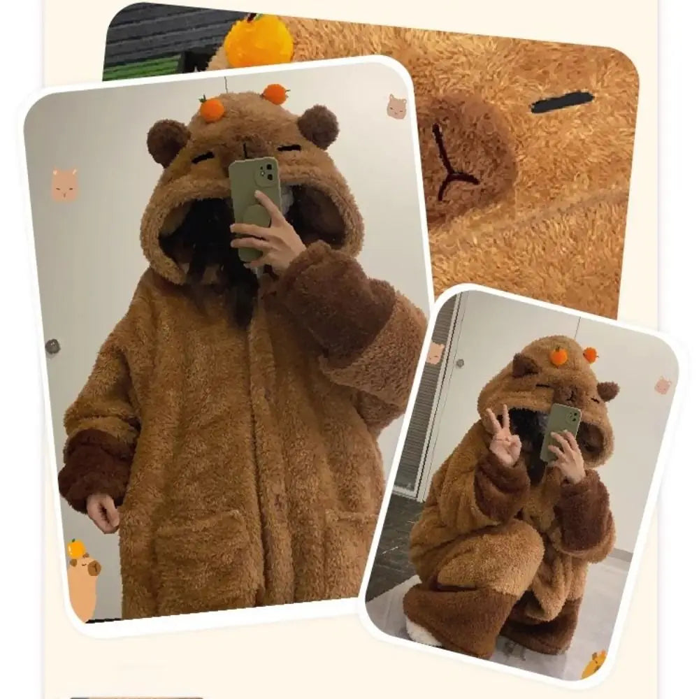 Cute Capibara Pajamas Pants Set Warm Winter Fleece Sleepwear