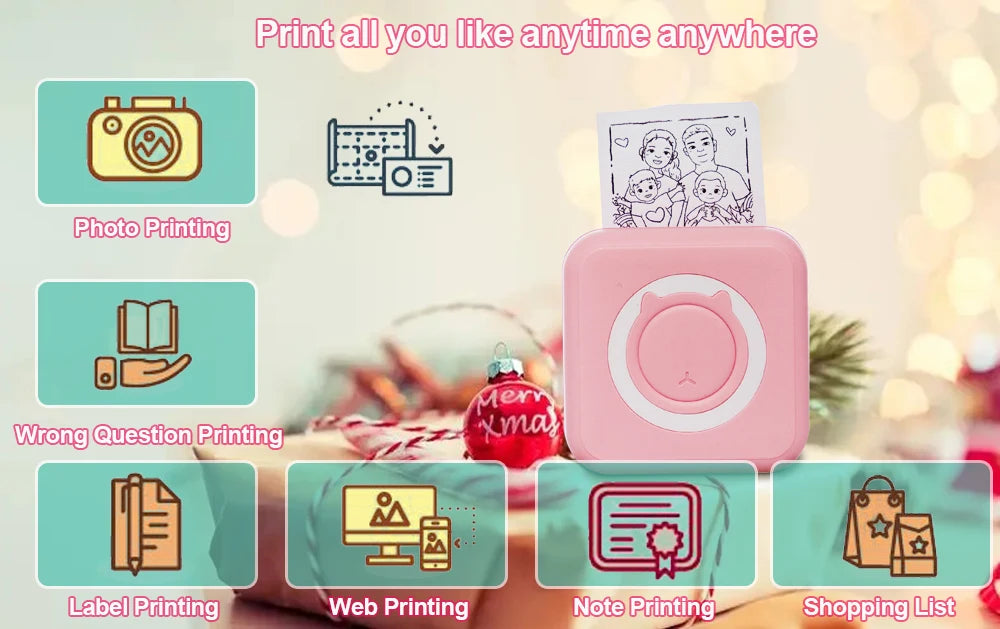 Portable Mini Thermal Printer Wirelessly BT 203dpi Photo Label Memo Printing with USB Cable