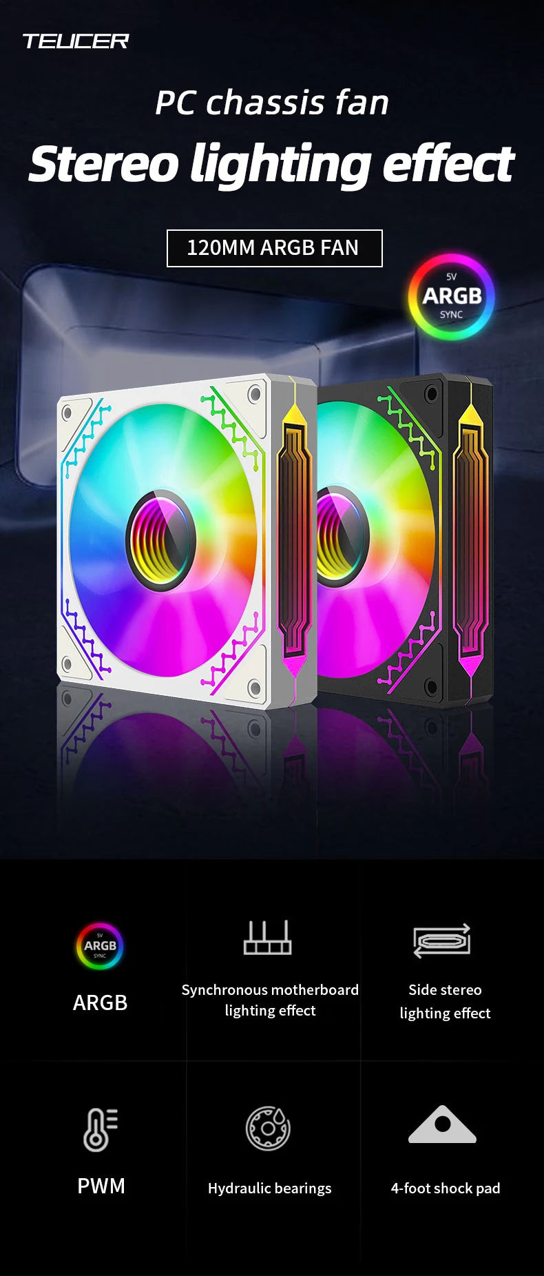 Ventilador para caja de PC TEUCER Prism12025 de 120 mm, 5 V, 3 pines, ARGB, efecto de luz de espejo cíclico, PWM, 800 a 2000 RPM, juego de 3 piezas
