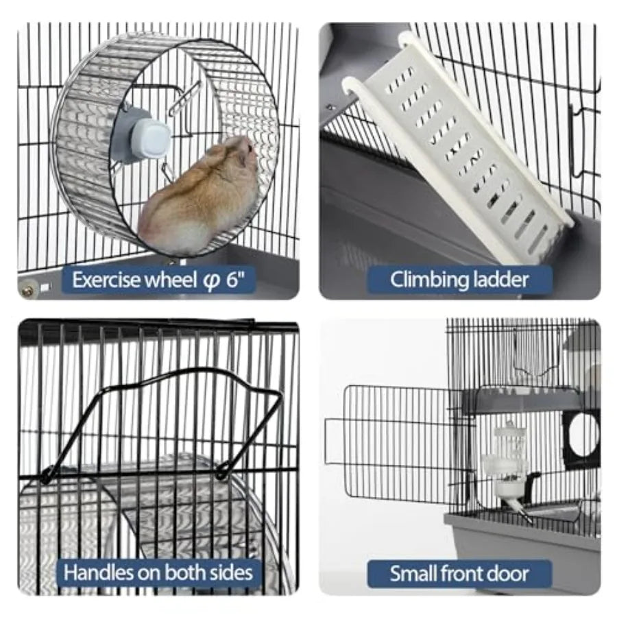 Multilevel hamster cage starter kit with spacious platforms exercise wheel hidehouse water bottle bathtub ladders and food bowl