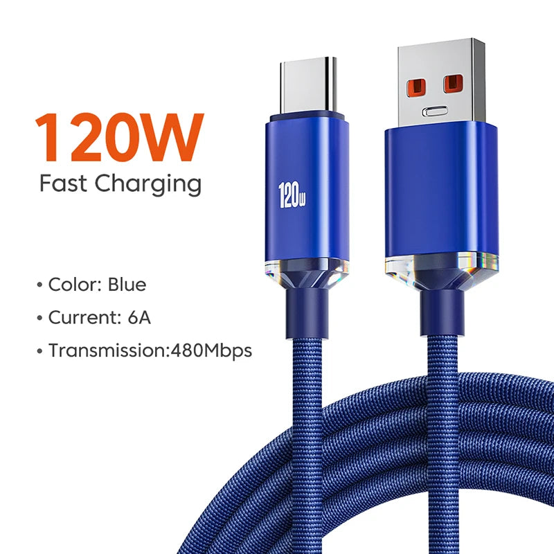 120W 6A Fast Charge USB Type C Cable for Xiaomi Huawei