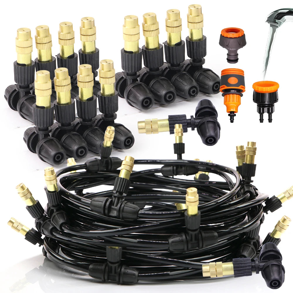 Garden Misting Irrigation Kit 10/20/30M 1/4 Inch Hose with Brass Nozzle for Balcony Greenhouse and Lawn Cooling