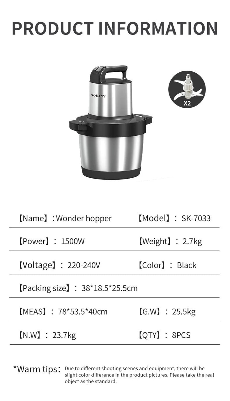 1500W 6.5L Stainless Steel Meat Grinder 3 Gears 4-Layer Blade