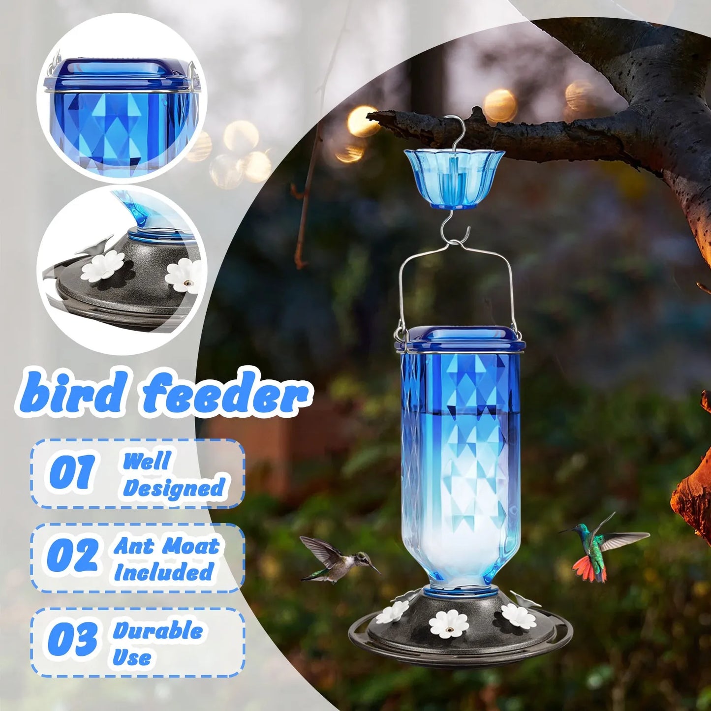 Glass Hummingbird Feeder with Ant Guard - 6 Flower Port Outdoor Bird Feeder for Garden Decoration, Easy Clean Nectar Dispenser