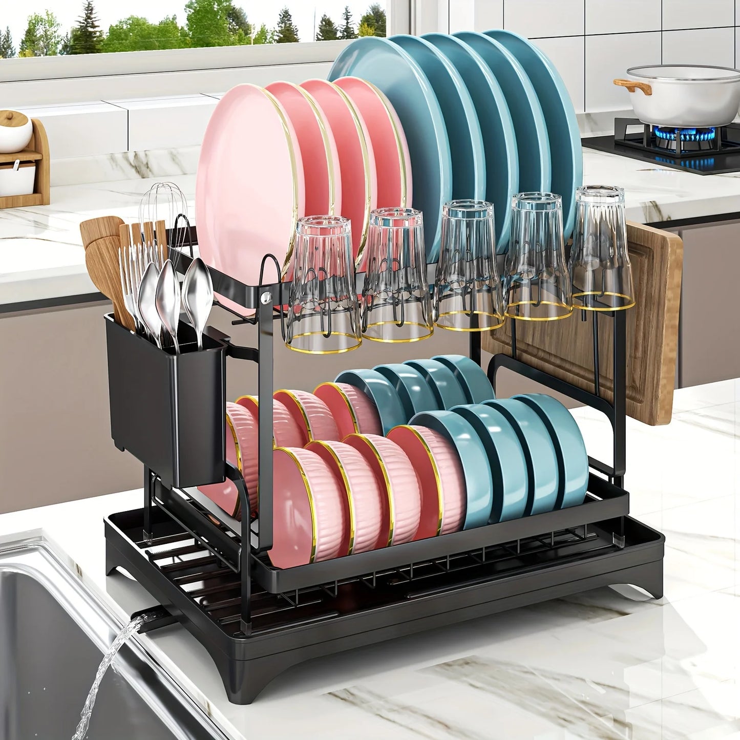 2 Tier Large Stainless Steel Dish Drying Rack with Drainboard for Kitchen Counter - Multifunctional Dish Drainer for Plates and Cups