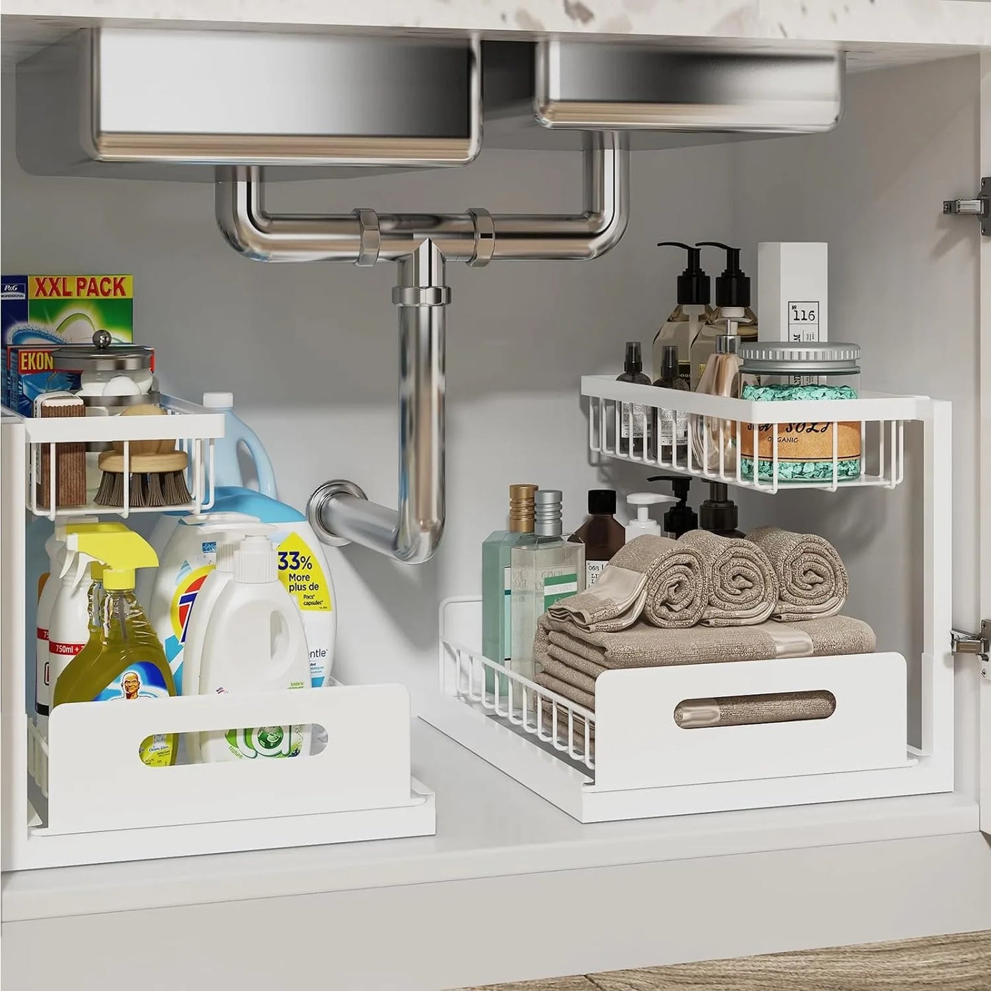 2 Tier Under Sink Organizers with Sliding Drawer for Bathroom and Kitchen Storage