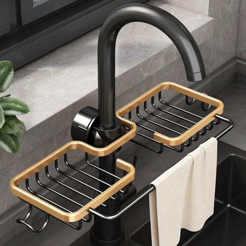 Aluminum Sink Drain Rack Sponge Holder and Soap Organizer Bathroom Kitchen Accessory