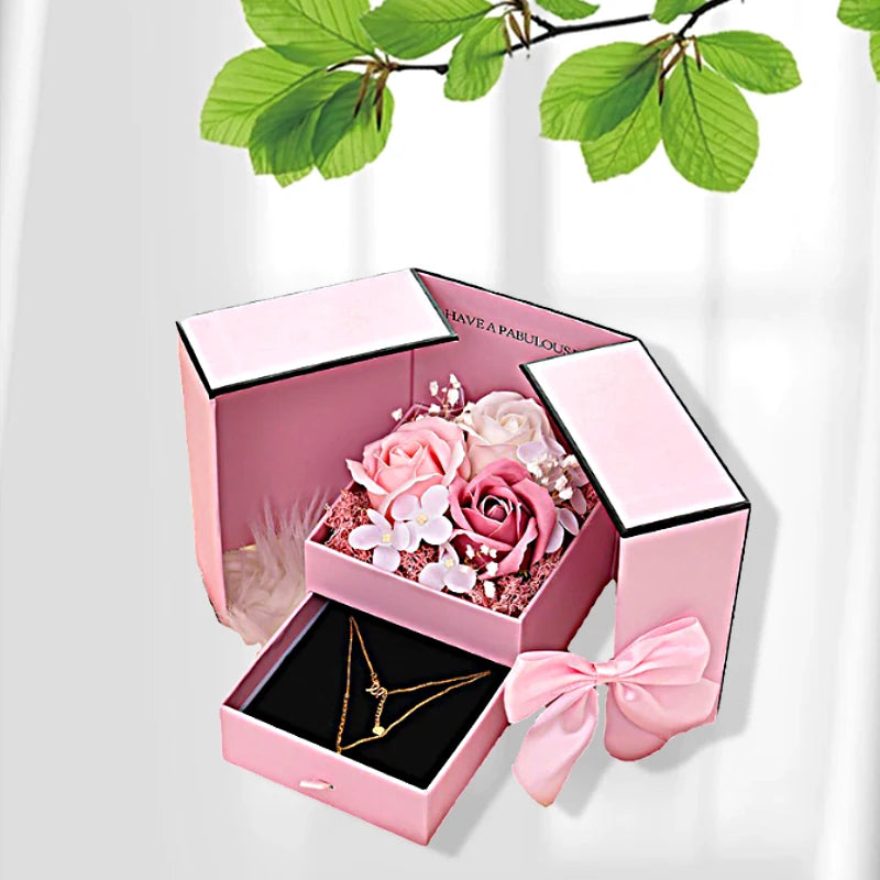Rose Jewelry Gift Box Bow Luxury Double Door Drawer Packaging for Girlfriend Mom Romantic Flower