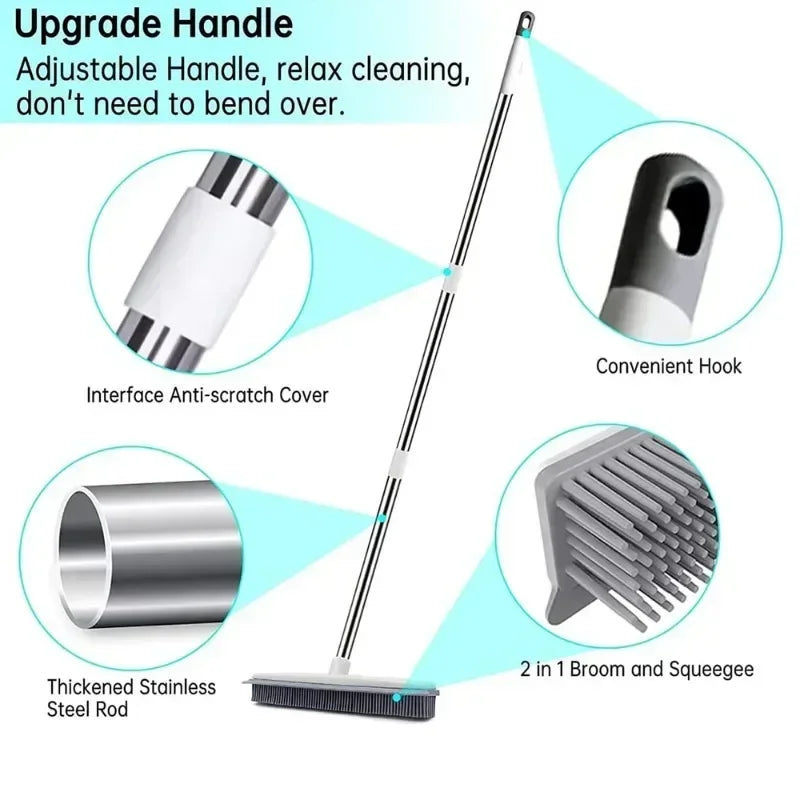 Rubber Broom with Long Handle for Pet Hair Removal Non Scratch Floor Brush for Carpet and Hard Surface Cleaning