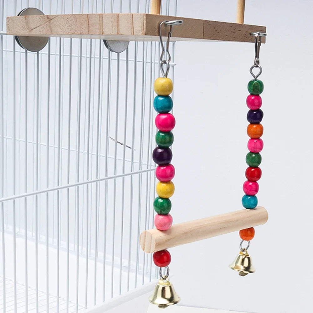 Bird Swing Toy Wooden Parrot Perch Stand Playstand with Chewing Beads Cage Playground for Budgie Birds Cage Decorations