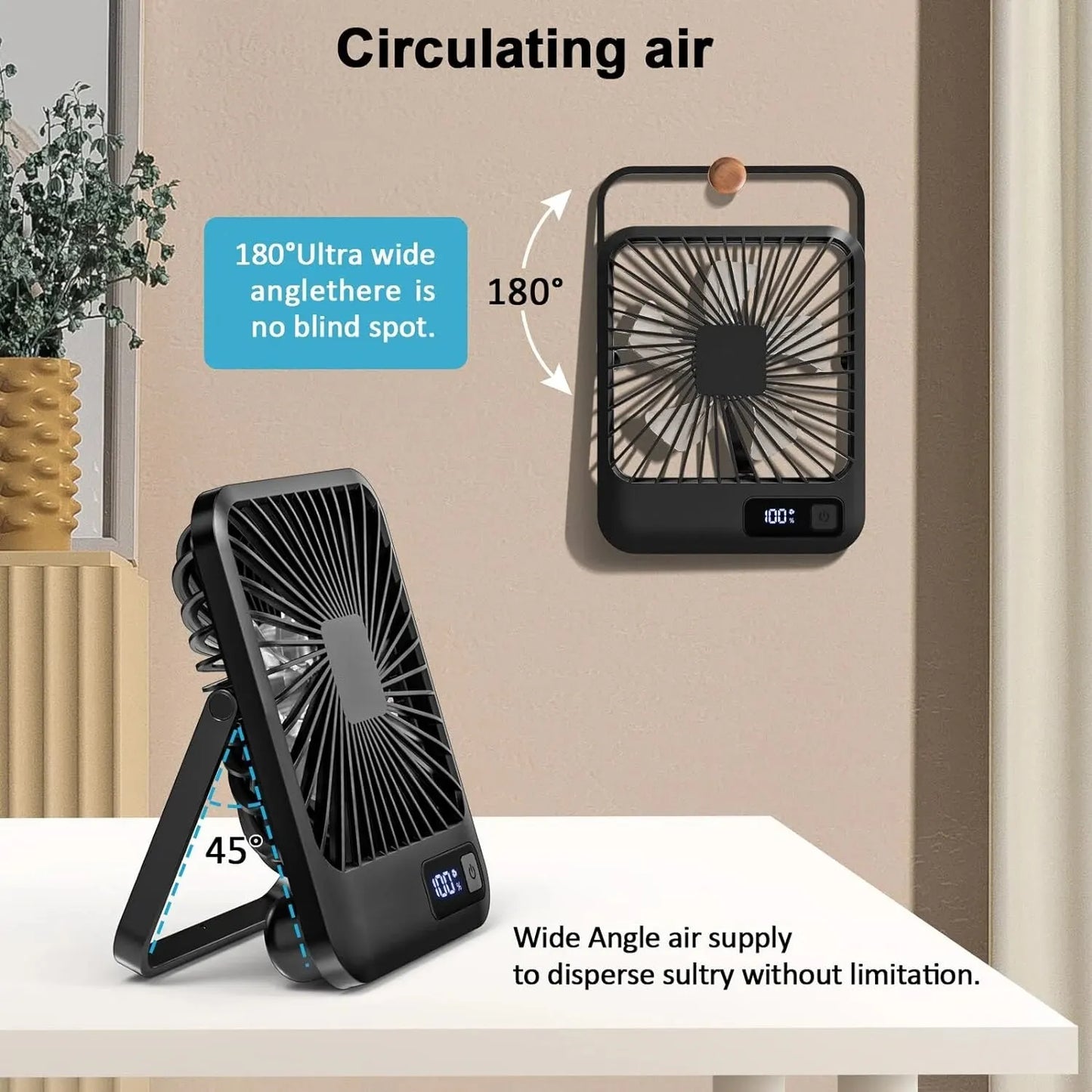 Portable USB Rechargeable Desk Fan With 180º Tilt And 5 Speeds