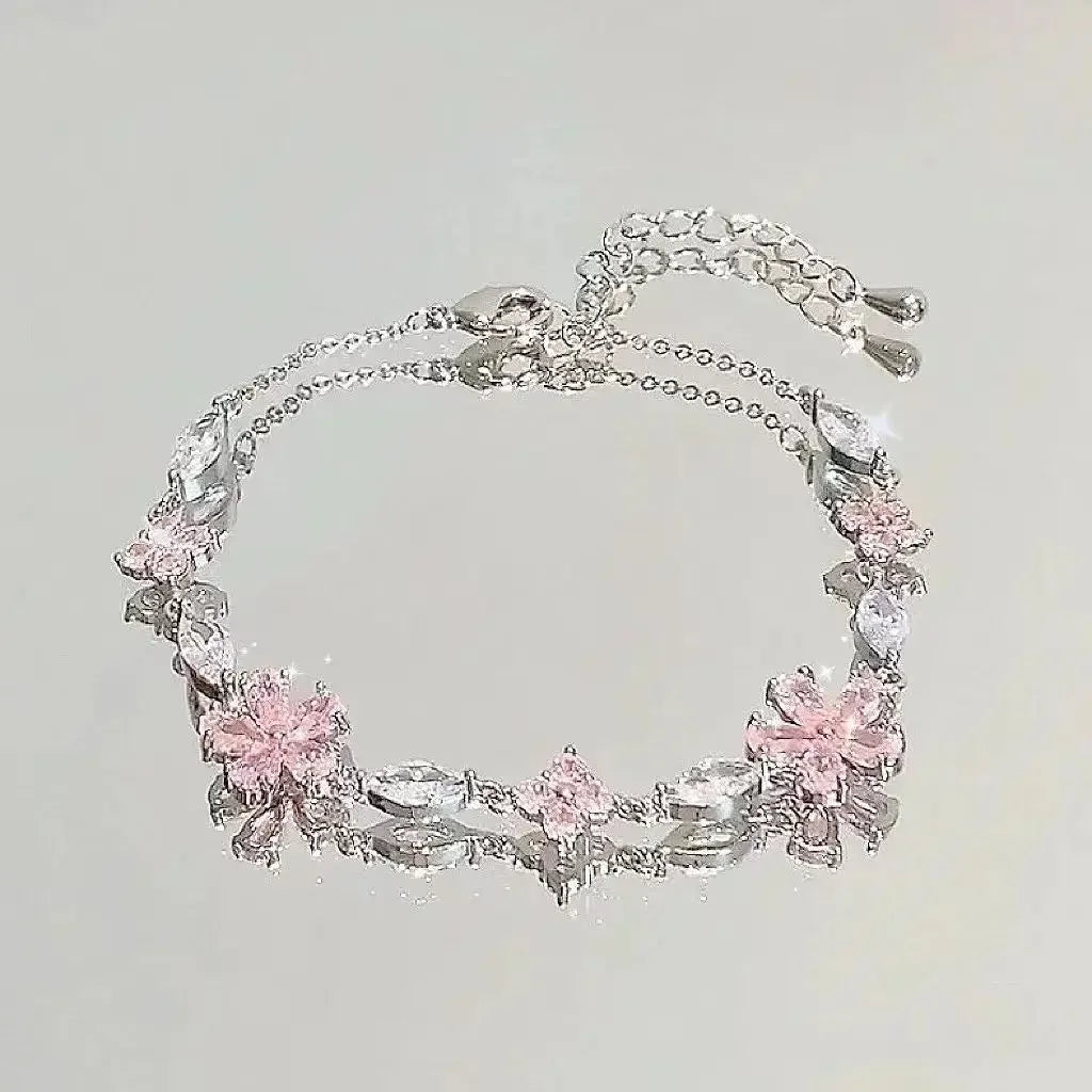 Shiny Pink Crystal Cherry Blossom Bracelets For Women Girls