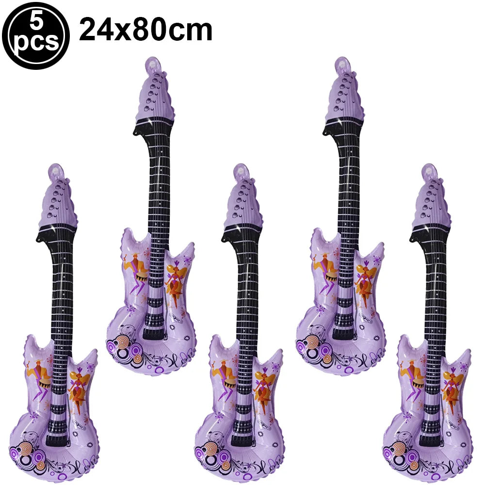 5 Piece PVC Musical Instrument Inflatable Balloon Set with Guitar and Microphone for Kids Birthday and Retro Party Decorations