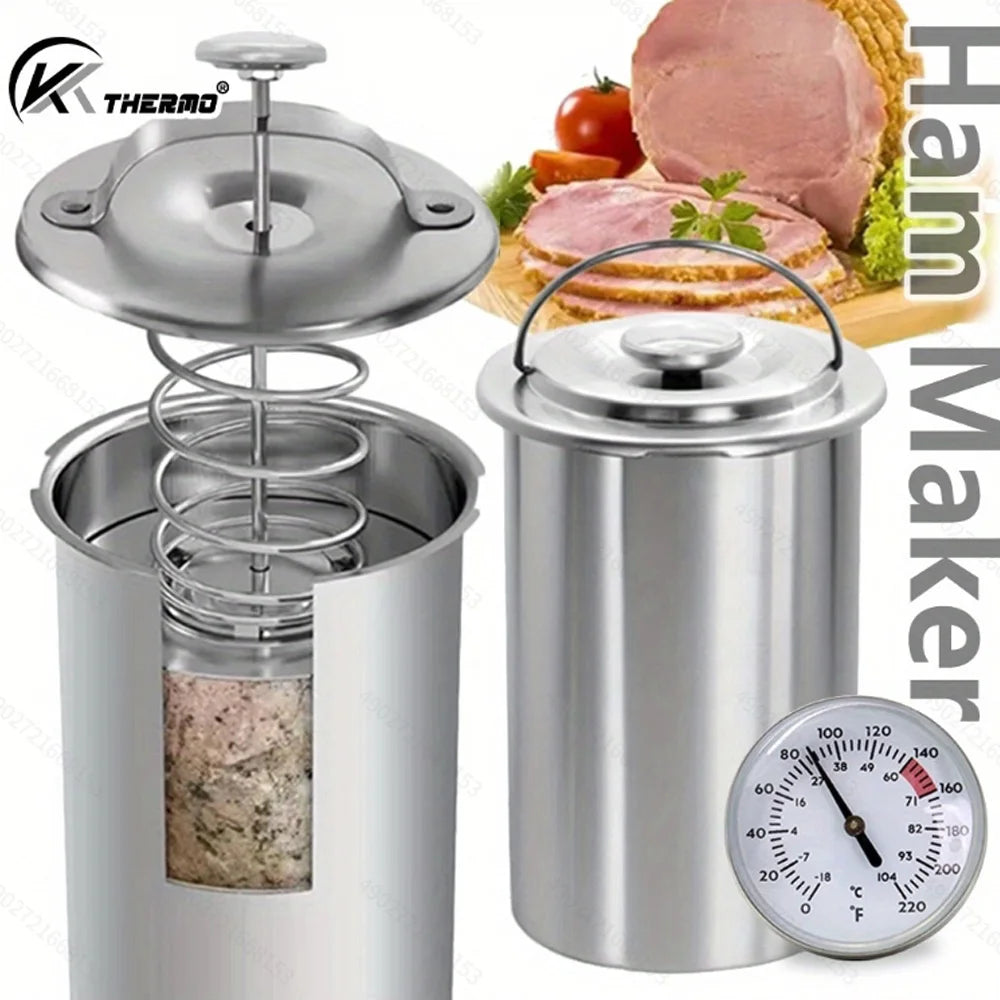 Stainless Steel Steamed Meat Pot with Thermometer Ham Press Maker for Poultry and Meat Cooking