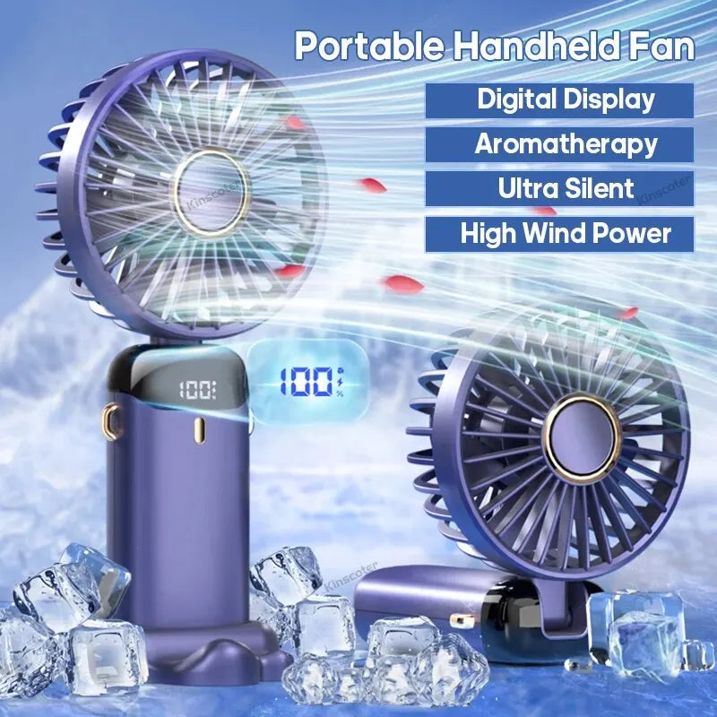 USB Handheld Mini Fan Foldable Portable Neck Hanging Fan 5 Speed Rechargeable with Phone Stand and Display Screen