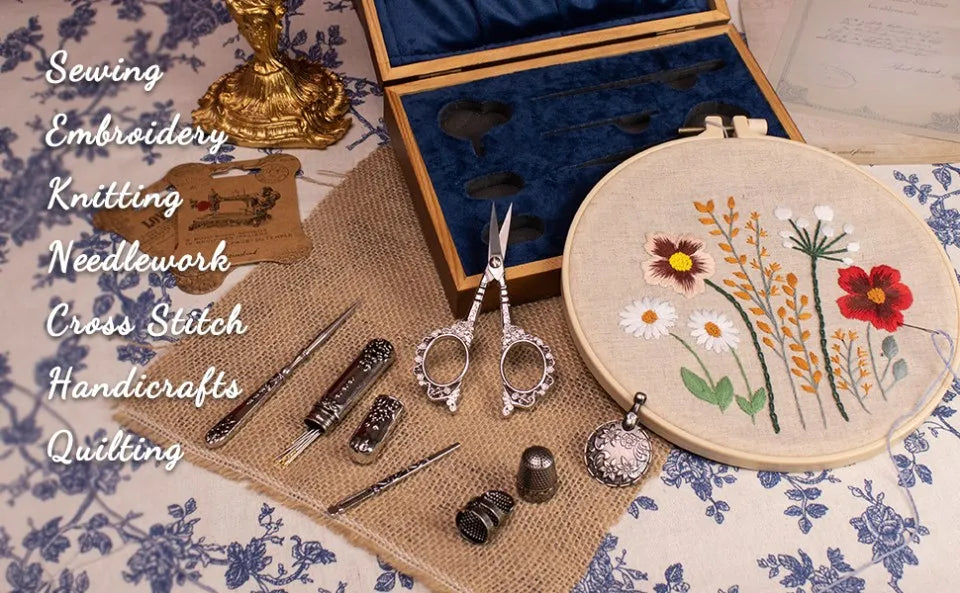 Vintage Sewing Kit Complete European Style Antique Embroidery Scissors Set with Needles and Craft Supplies for DIY Projects