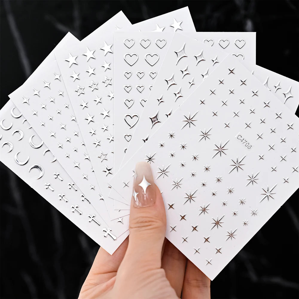 6Pcs/Set Metal Silver Star Heart Moon 3D Nail Art Stickers