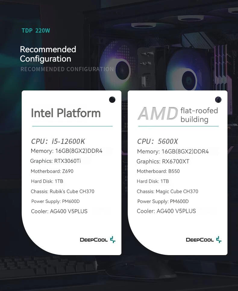 DEEPCOOL AG400 CPU Air-Cooling Radiator 4 Heat Pipes Dual Fan 2000RPM for Intel LGA1700 1200 115X AMD AM4