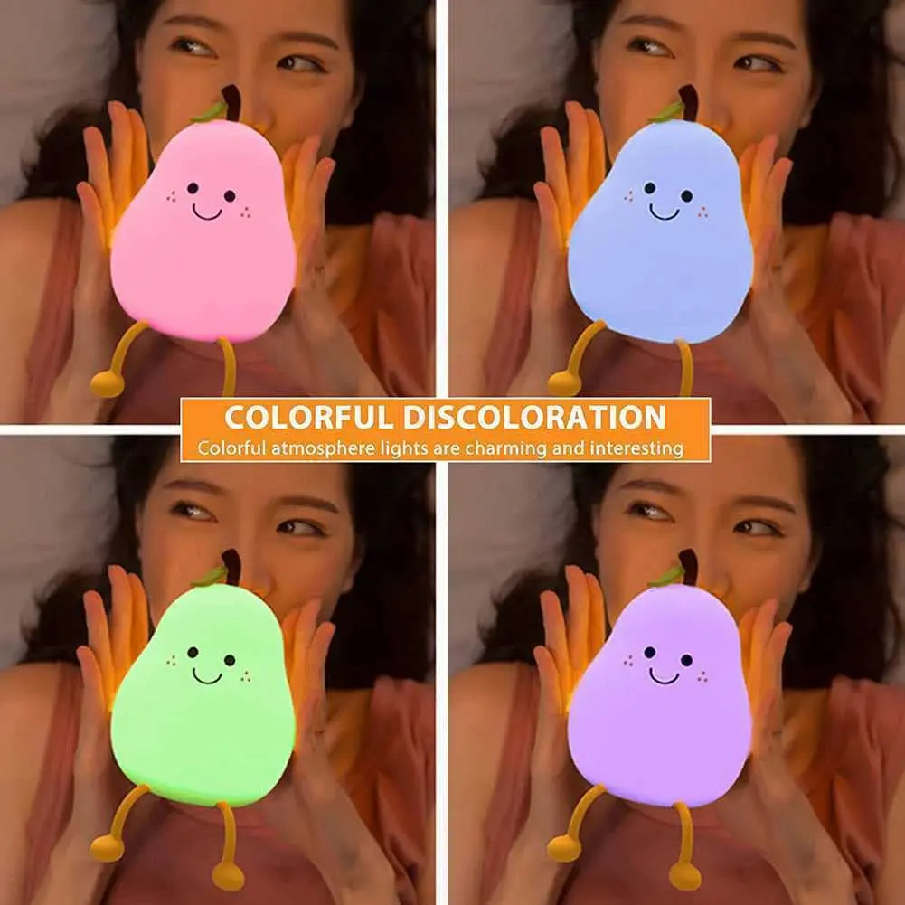 Pear Shaped Silicone Night Light for Kids Dimmable 7 Colors USB Rechargeable Cute Bedroom Lamp