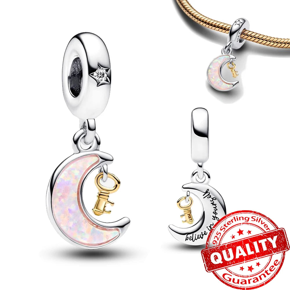 Authentic 925 Sterling Silver Charm Sparkling Star Moon Sun Pendant Jewelry Gift