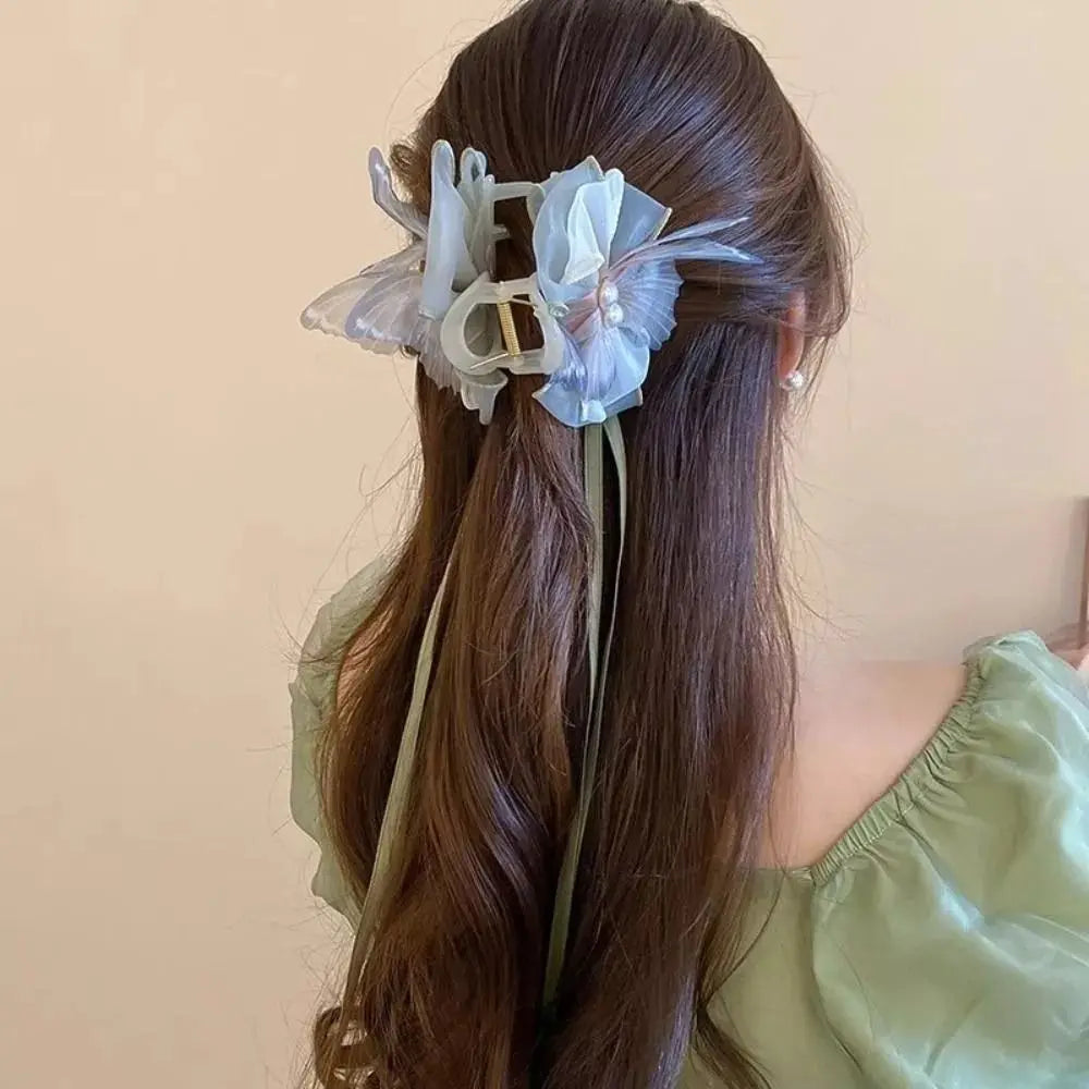 Fashion Mesh Butterfly Hair Claw Ribbon Bowknot Shark Clip Women