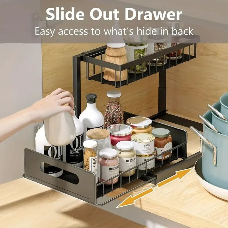 2 Tier Under Sink Organizers with Sliding Drawer for Bathroom and Kitchen Storage