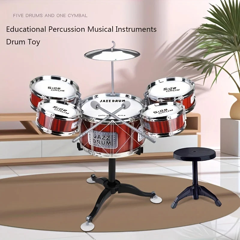 Kids Drum Set Musical Toy Kit for Toddlers with Stool Drum Sticks Cymbal and 5 Drums Educational Musical Instruments