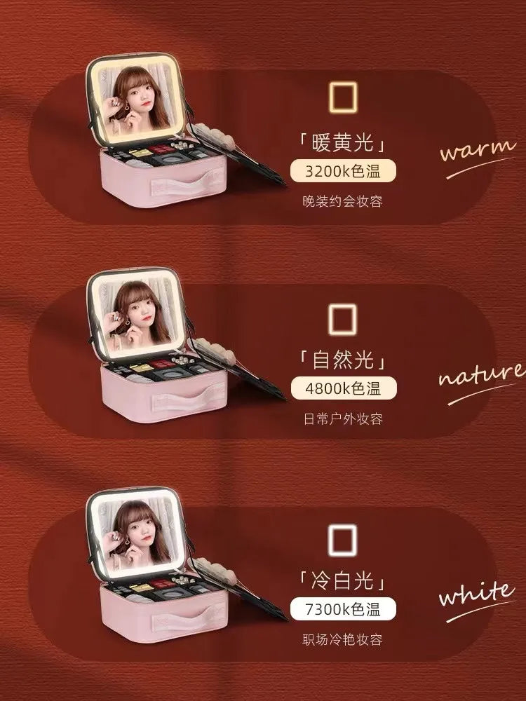 Smart LED Makeup Case with Mirror and USB Charging Waterproof Travel Cosmetic Bag for Women Portable Vanity with Adjustable Lighting