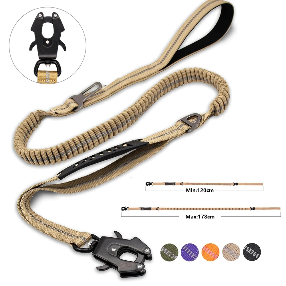 Reflective Heavy Duty Tactical Bungee Dog Leash with Shock Absorbing Technology and Seatbelt for Large Dogs