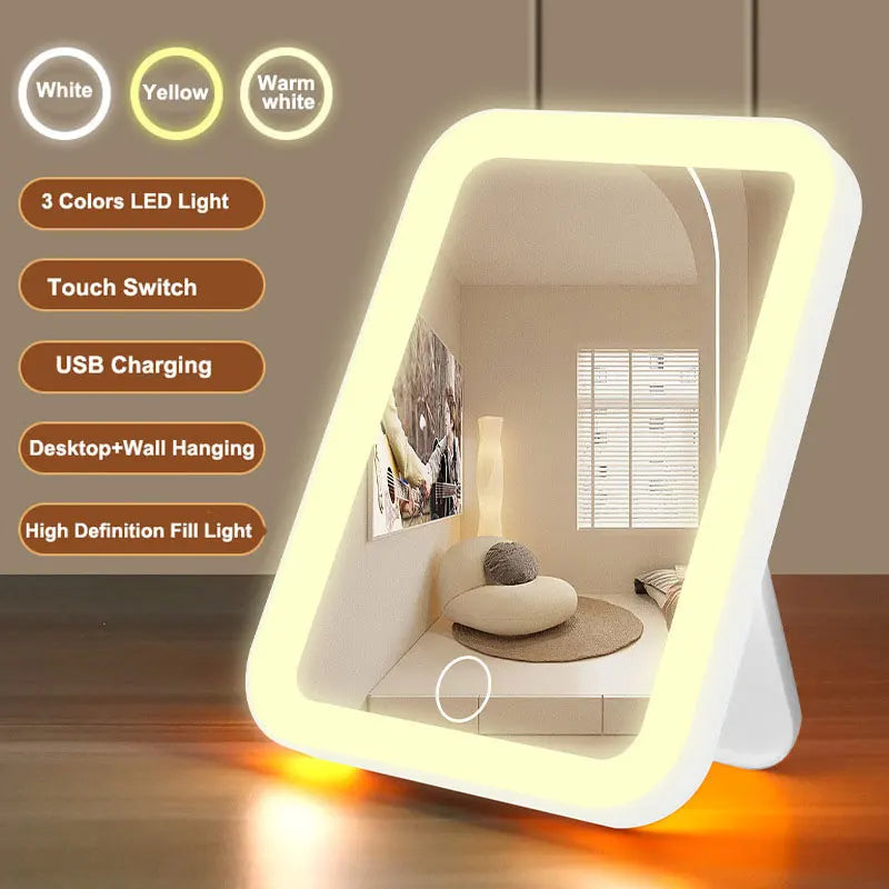 Portable LED Makeup Mirror with Touch Screen and Dimmable Lighting - 3 Color Options for Flawless Application