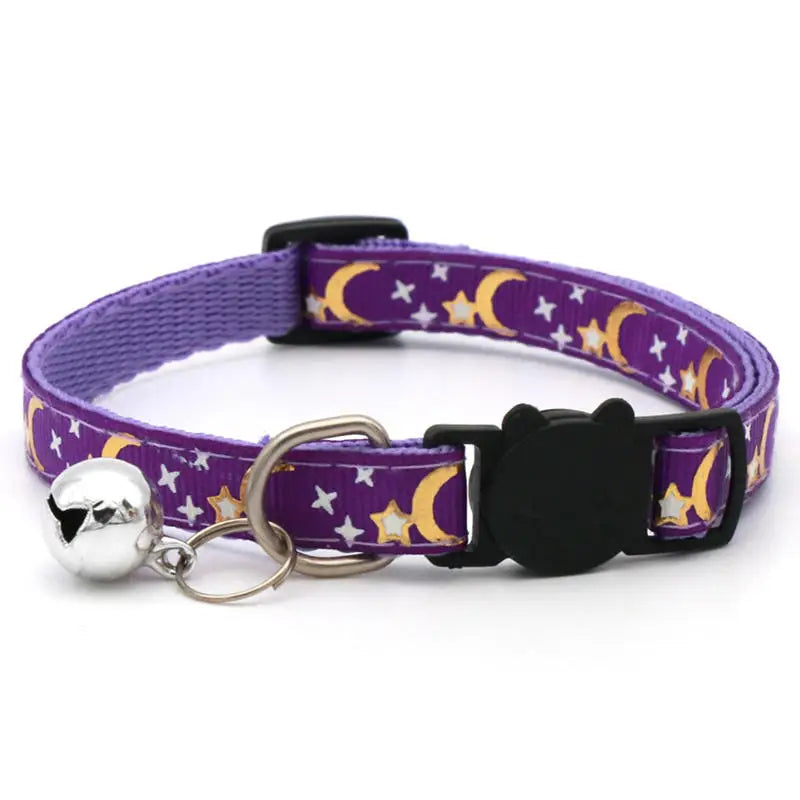 Gold Stars and Moon Cat Collar with Reflective Safety Buckle and Bell Adjustable Cats And Small Dogs Collars
