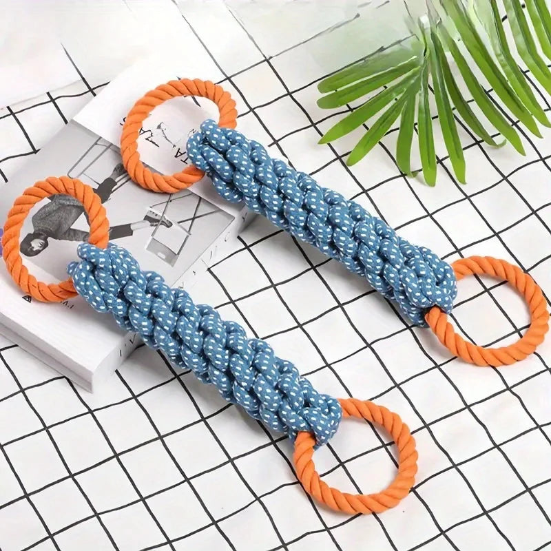 Dual-Handle Braided Rope Knot Pet Toy for All Dog Breeds - Durable Teeth Cleaning Chew Toy in Blue and Orange, Polyester Blend