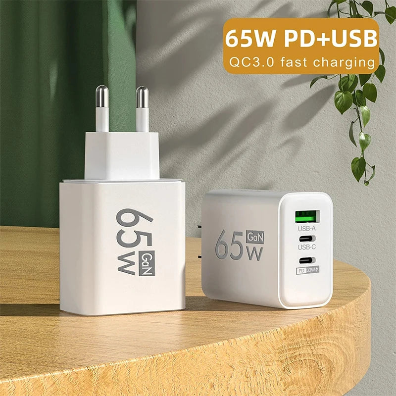 GaN Fast Charging 65W USB Type C Charger PD 3.0 for iPhone 15 Samsung Xiaomi Huawei