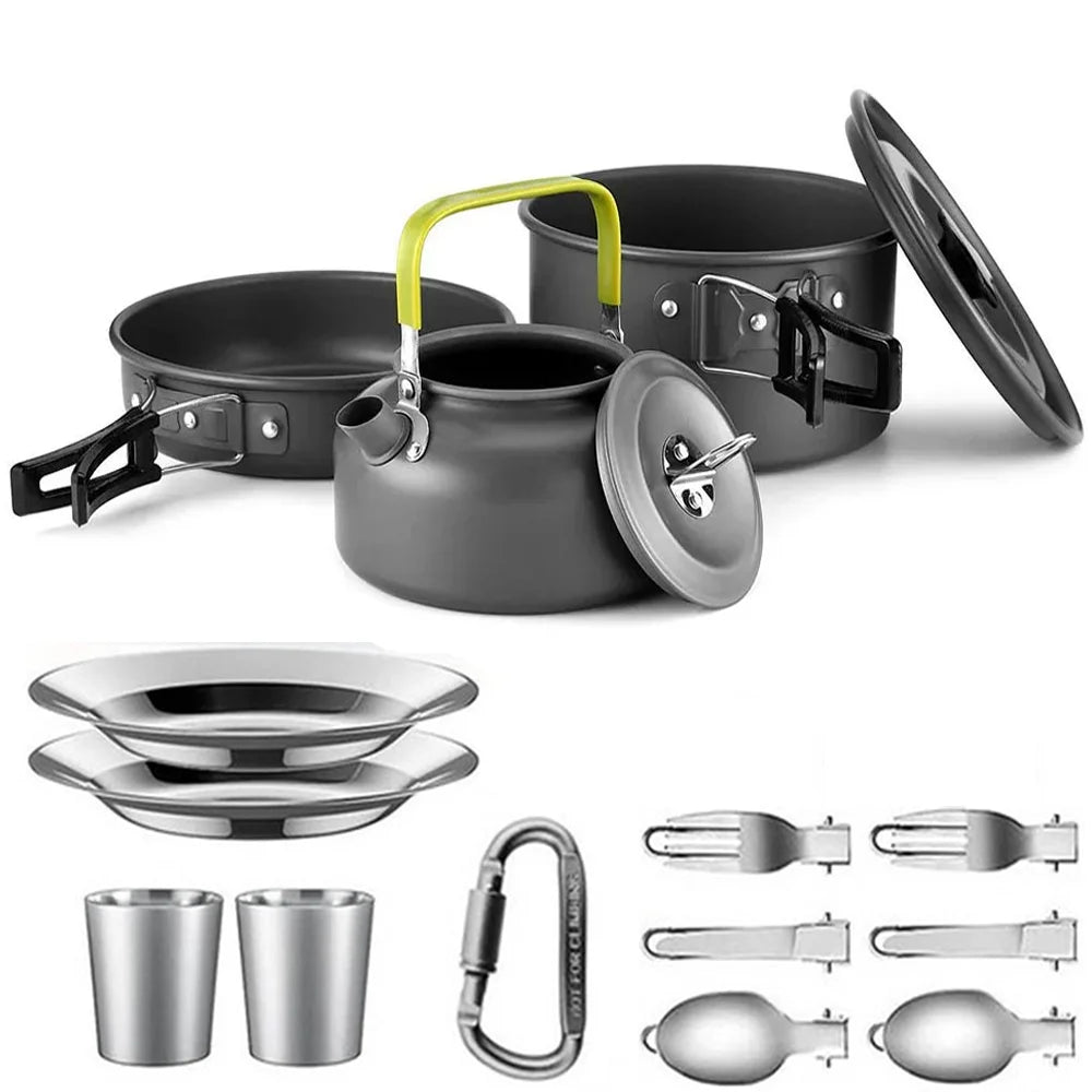 Camping Cookware Set for 2 to 3 People with Non-Stick Pots and Teapot Kit