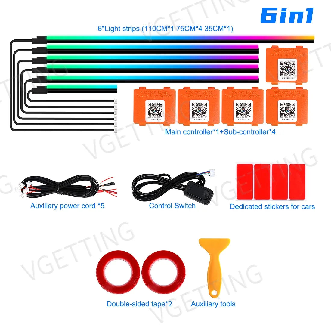 Vgetting 18 in 1 Car Ambient Lights LED Acrylic Strips RGB 64 Colors APP Control