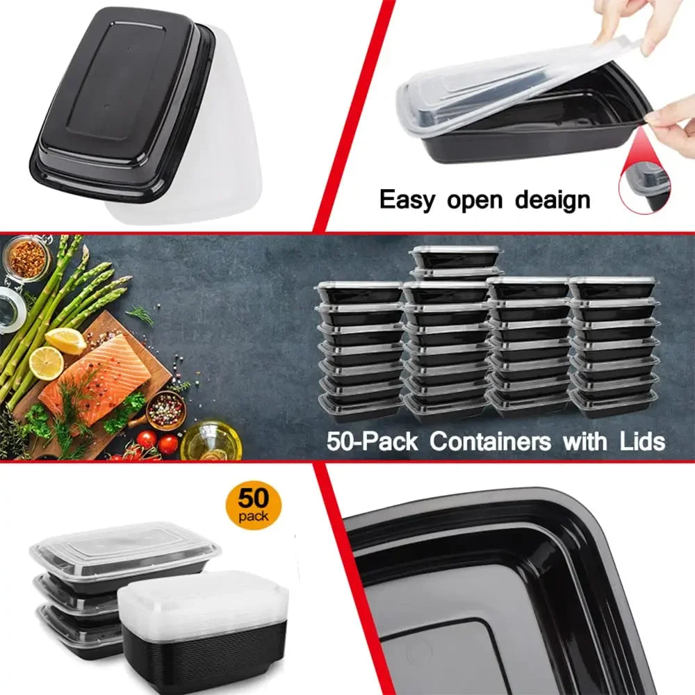 10 Pack Black Plastic Disposable Food Containers with Lids for Takeout Meals Salads and Kitchen Storage
