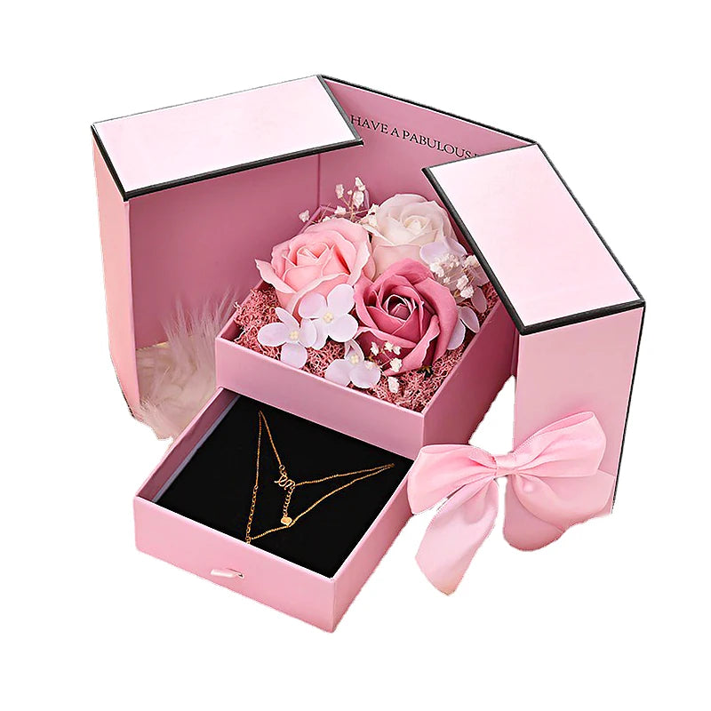Rose Jewelry Gift Box Bow Luxury Double Door Drawer Packaging for Girlfriend Mom Romantic Flower