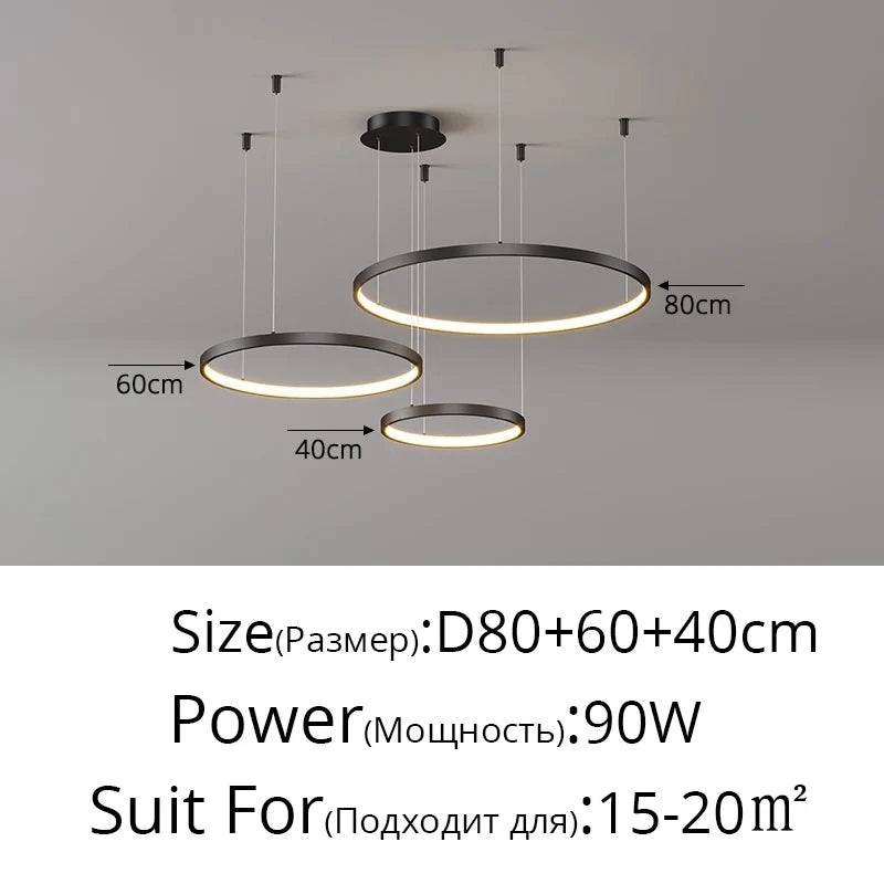Black Rings Modern Minimalist Dimmable Pendant Light for Living Room and Restaurant Remote Control Chandelier Home Decor