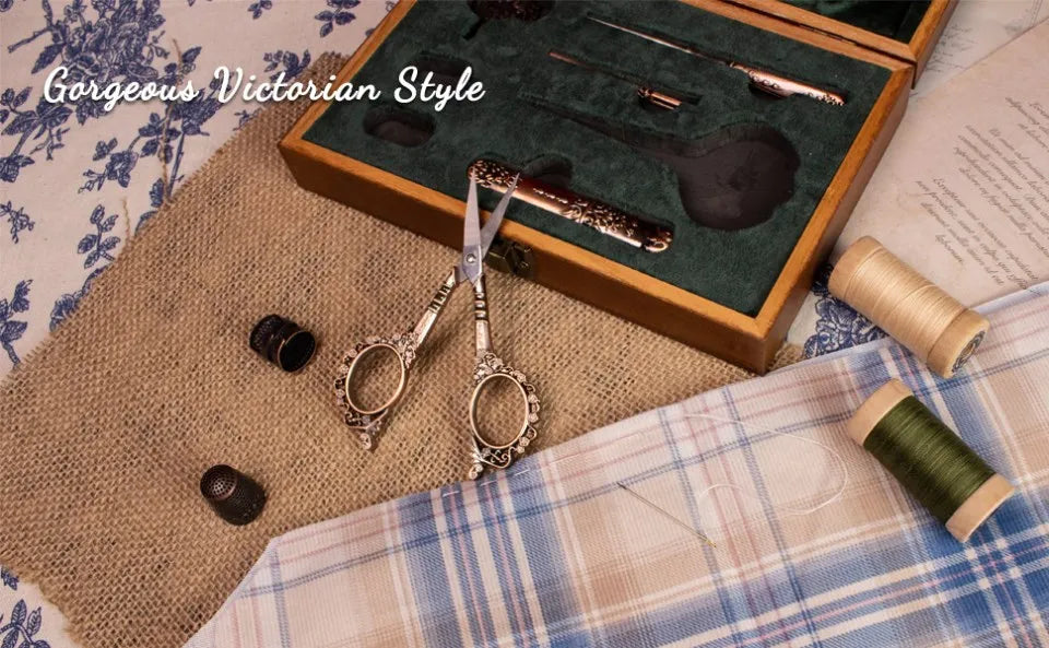 Vintage Sewing Kit Complete European Style Antique Embroidery Scissors Set with Needles and Craft Supplies for DIY Projects